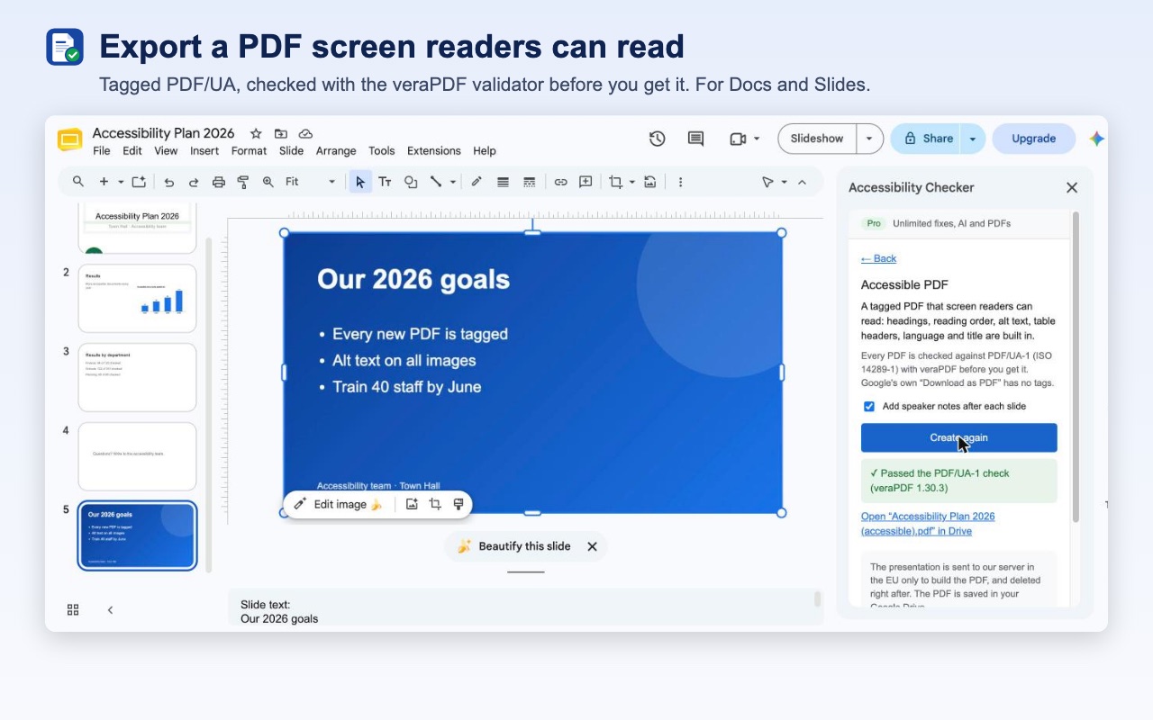 Accessible PDF created from Google Slides, with a green Passed the PDF/UA-1 check message