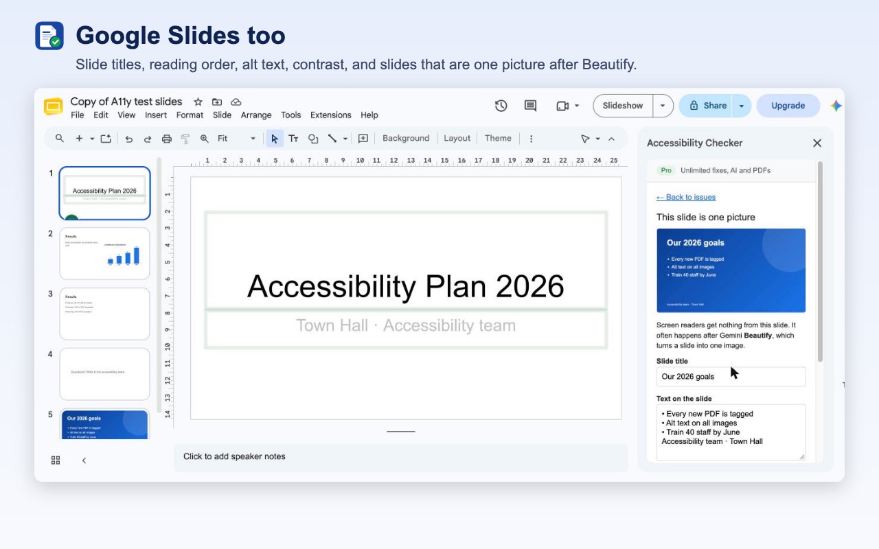 A Google Slides slide that has become one picture, with Accessibility Checker asking for its title and text