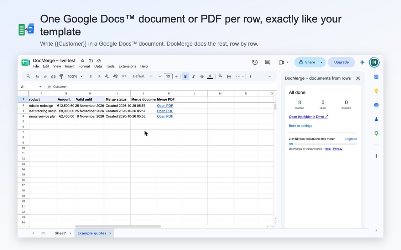 A Google Sheet with customer rows and the DocMerge panel making one PDF per row
