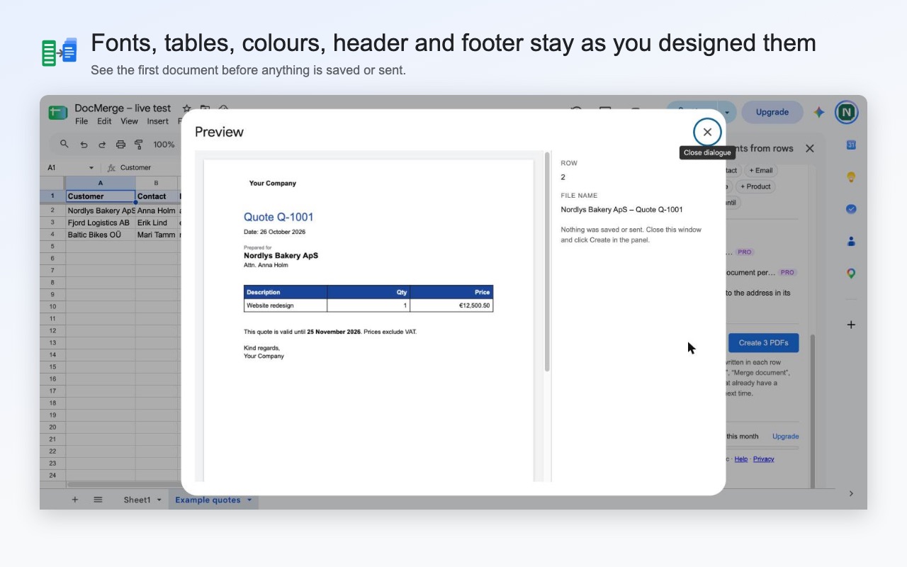 Preview of a finished quote PDF with the template's table, colours and header kept