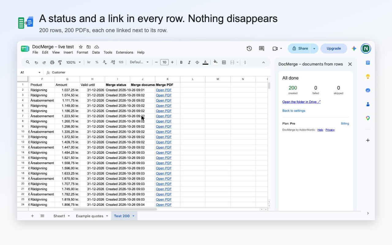 Status and links to each document written into the Google Sheet next to every row