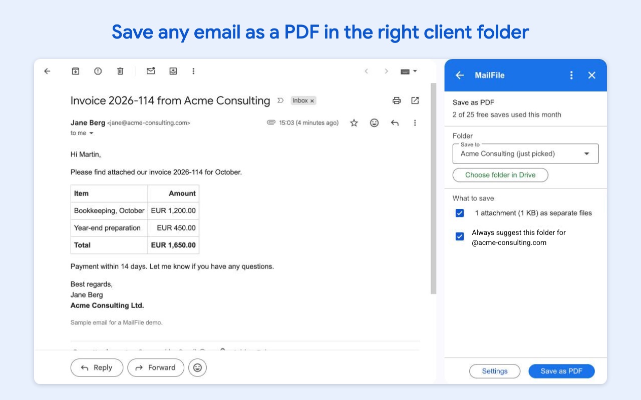 An invoice email in Gmail with the MailFile side panel ready to save it as a PDF in a client folder