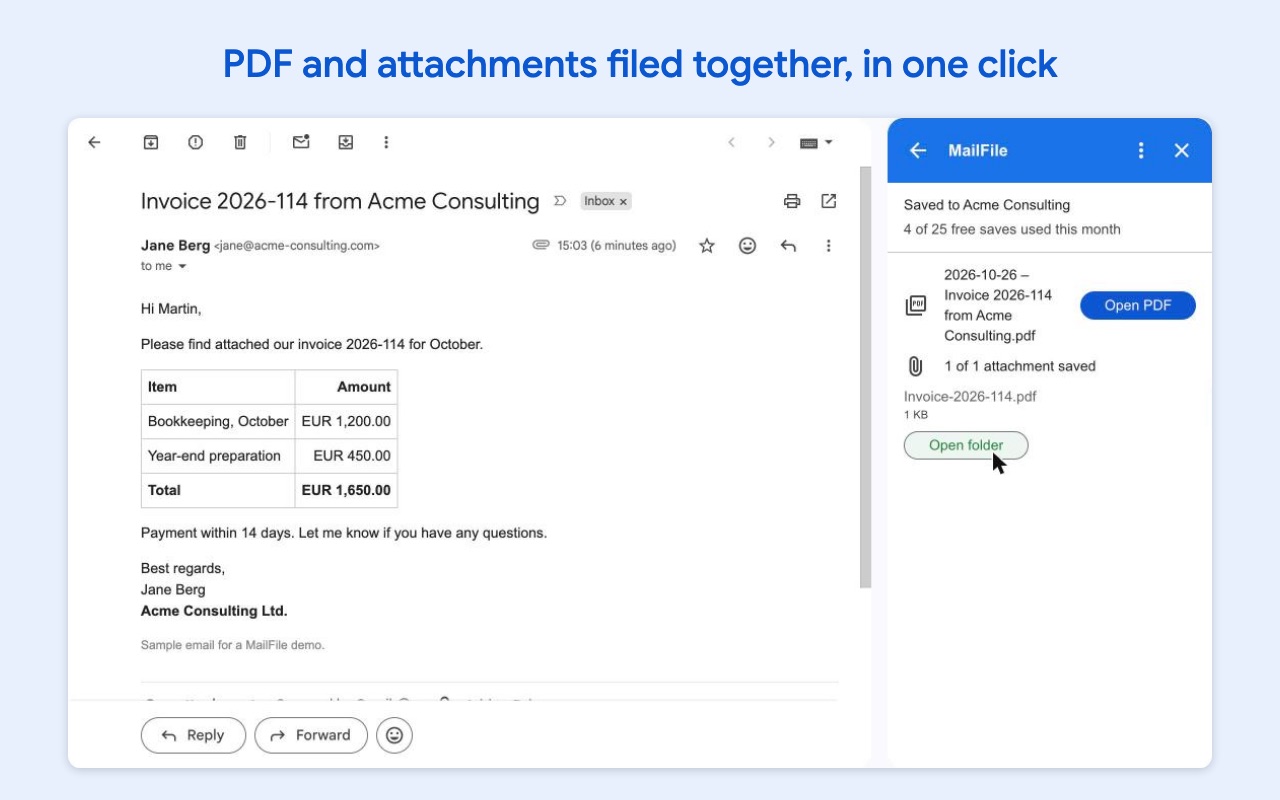 MailFile confirming the email PDF and its attachment were saved to the Acme Consulting folder