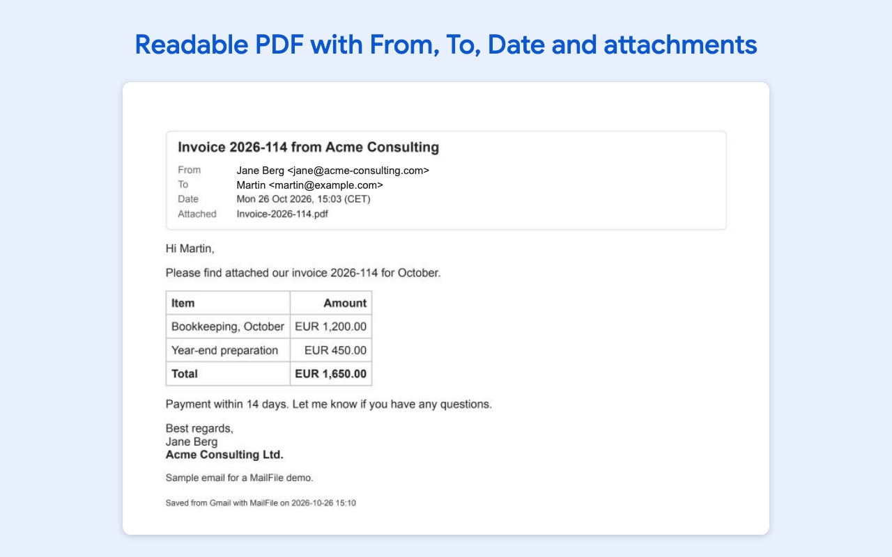 A saved email PDF with a header showing From, To, Date and the attached file, and the invoice table kept