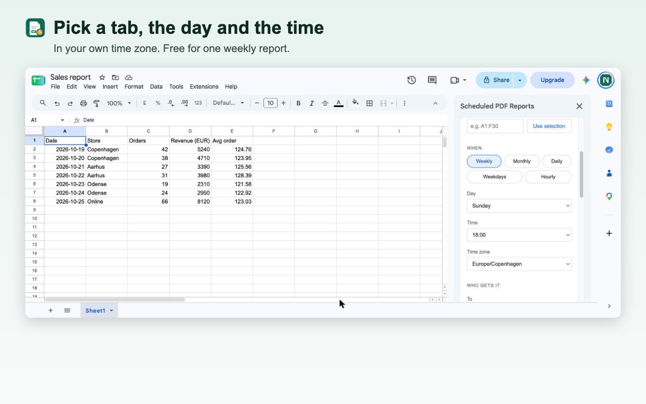 Choosing a weekly schedule, Sunday at 18:00 in the Europe/Copenhagen time zone