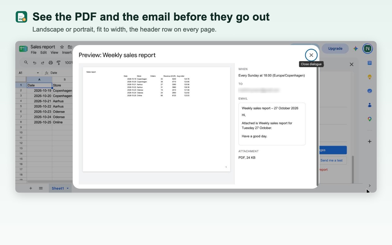 Preview of the weekly sales report PDF next to the email that will be sent