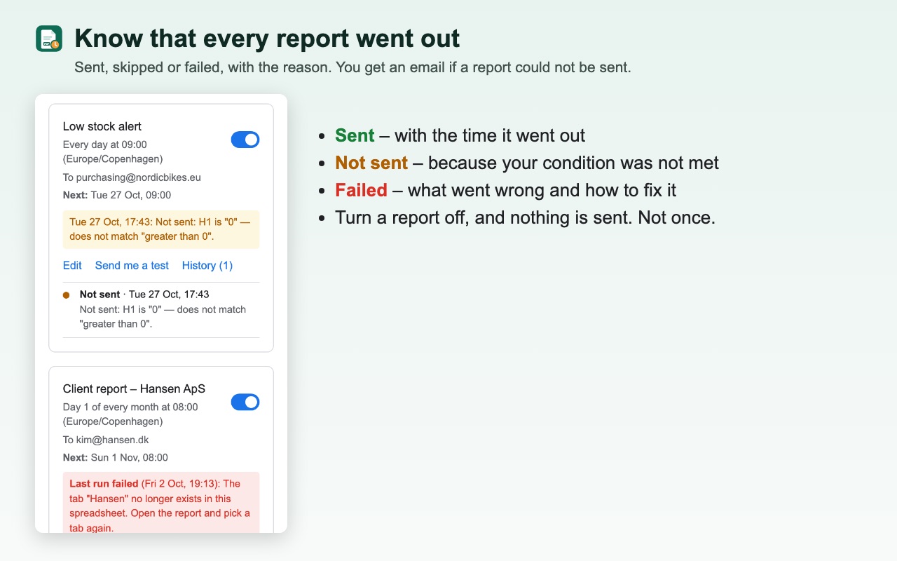 Report history showing a report that was not sent because its condition was not met, and one that failed with the reason