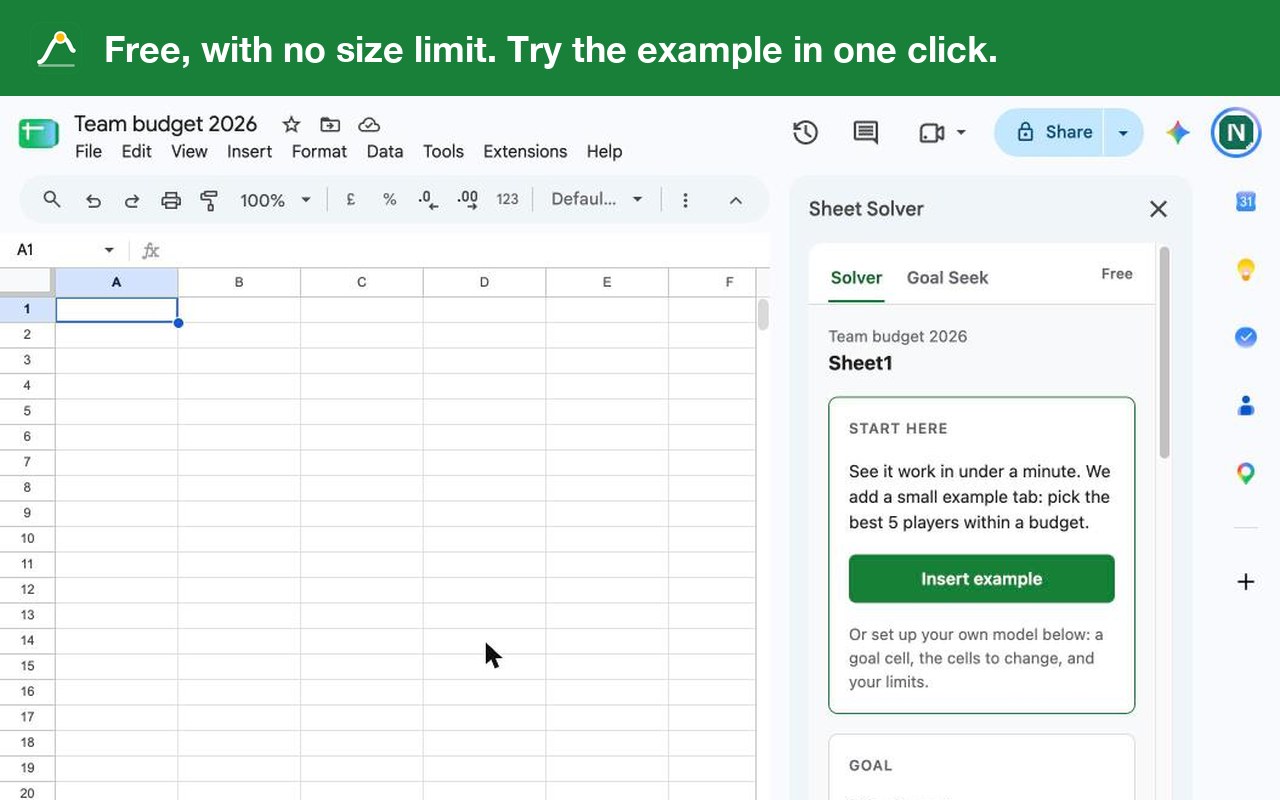 The Sheet Solver side panel with an Insert example button and the goal, changing cells and limits below it