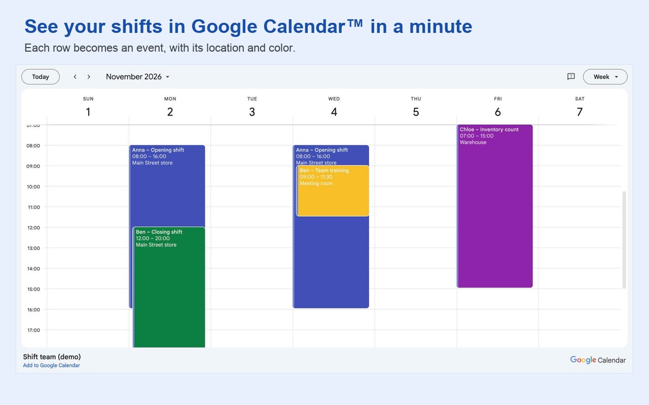 Google Calendar week view with the shifts from the sheet, each with its time, location and colour
