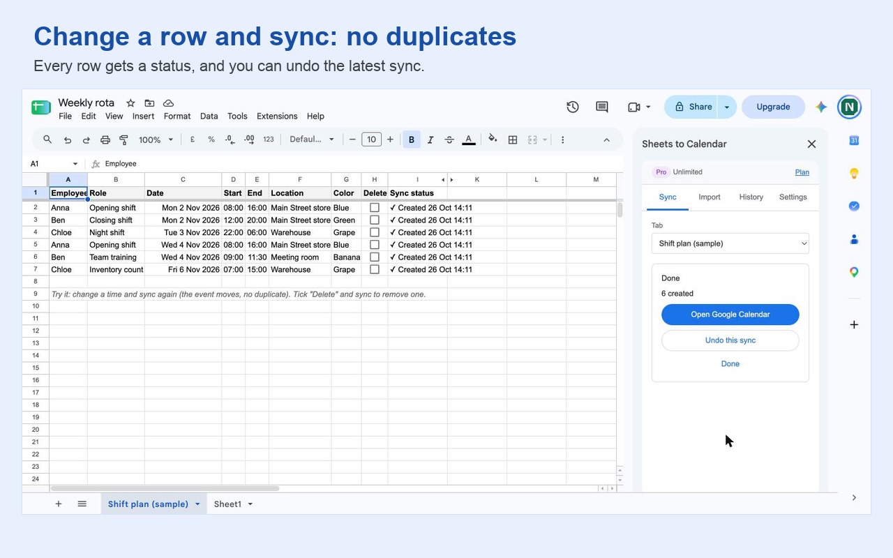 Sync status column in the sheet showing each event created, with an Undo this sync button in the panel