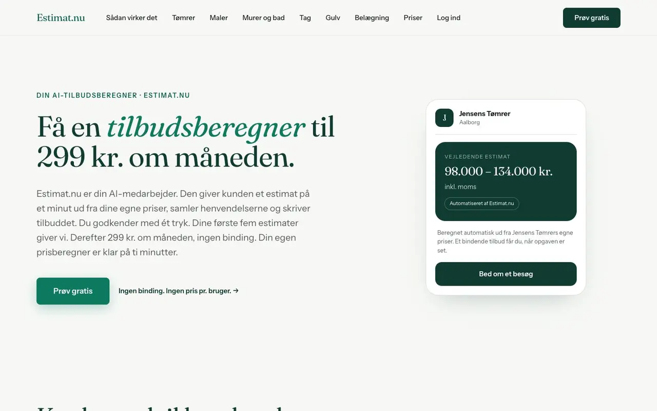 Estimat.nu — En tilbudsberegner til 299 kr. om måneden.